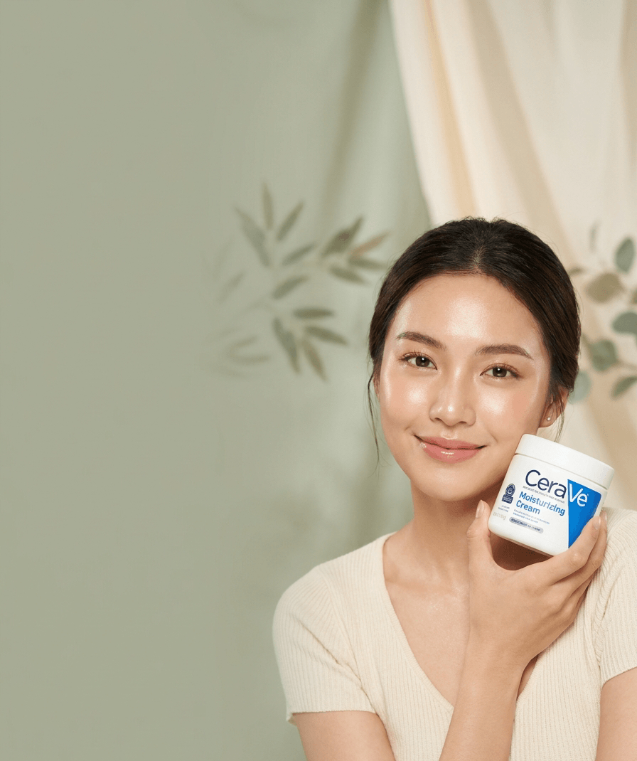 Woman with clear, glowing skin holding a moisturizing cream
